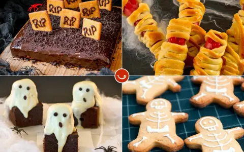 Ideas para decorar chuches de Halloween: tarta de tumba, salchichas momia, brownies fantasma y galletas esqueleto. ¡Perfecto para una fiesta espeluznante!