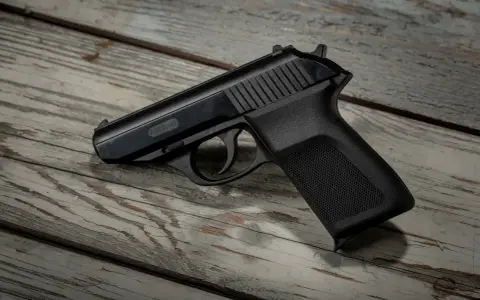 Czarny pistolet P.M.G.-23 leżący na zniszczonej drewnianej desce.