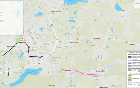 Mapa Pomorskich Tras Rowerowych (PTR) i Subregionalnej Trasy Rowerowej (STR) z zaznaczonymi odcinkami gotowymi i planowanymi. Widoczna Kościerzyna i okolice.