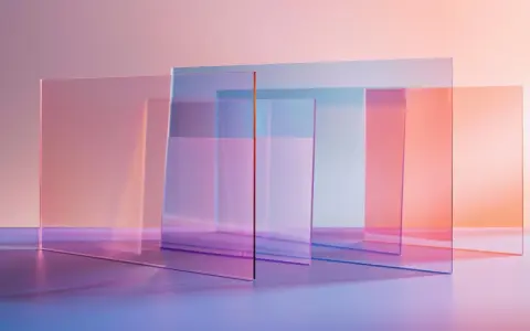 Rectangular panes of transparent material, tinted in soft pinks, blues, and oranges, overlap to create a layered, abstract composition.