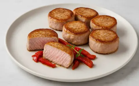 Seis medallones de solomillo a la plancha, jugosos y dorados, servidos con pimientos rojos asados y una ramita de hierbas.