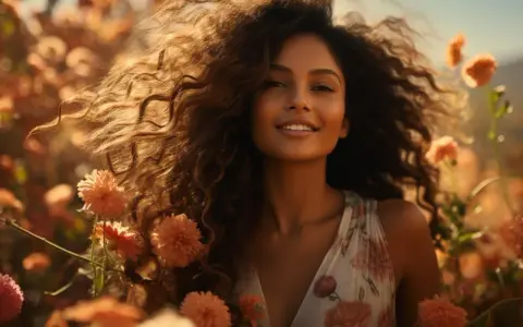 Une jeune femme souriante, entourée de fleurs orangées, ses **cheveux épais** ondulant au vent.
