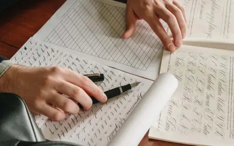 Manos practicando caligrafía con una pluma sobre hojas con ejercicios de letras.