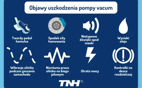 Objawy uszkodzenia pompy vacum: twardy pedał hamulca, spadek siły hamowania, nietypowe dźwięki, wycieki oleju, wibracje silnika, nierówna praca, utrata mocy, kontrolki.