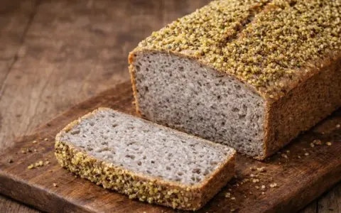 Ein rustikales Buchweizenbrot mit einer Scheibe auf einem Holzbrett. Die Kruste ist mit Buchweizenkörnern bestreut.