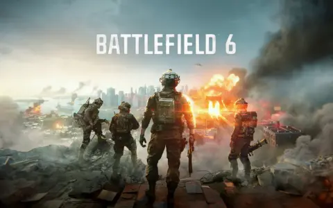 Żołnierze na tle płonącego miasta, z napisem "BATTLEFIELD 6". Gra dostępna w ramach Game Pass.