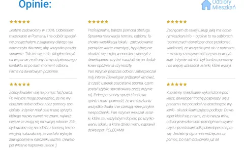 Opinie o odbiorach mieszkań: gwiazdki, tekst i logo Odbiory Mieszkań.
