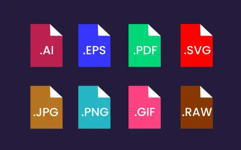 Kolorowe ikony plików: .AI, .EPS, .PDF, .SVG, .JPG, .PNG, .GIF, .RAW. Ten plik graficzny prezentuje różne formaty.
