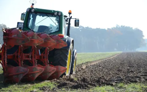 Zielony traktor z pługiem orze pole. W tle mglisty las.