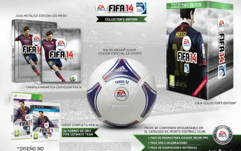 Edición Coleccionista de portada fifa 14 con balón, caja metálica de Leo Messi y juegos para Xbox 360 y PS3.