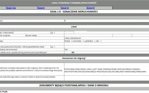 Formularz z danymi nieruchomości, który pomoże Ci sprawdzić, jak sprawdzić czy działka ma księgę wieczystą. Zawiera informacje o lokalu i jego oznaczeniu.