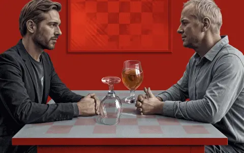 Dwóch mężczyzn siedzi przy stole, jeden z nich zastanawia się, czy przed rezonansem można pić alkohol. Na stole stoi piwo i pusty kieliszek.