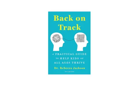 Book cover: "Back on Track: A Practical Guide to Help Kids of All Ages Thrive." Features two heads, one with tangled thoughts, the other with organized ones, illustrating how to get your life back on track.