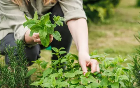 Une personne s'occupe de son jardin, tenant un bouquet de menthe fraîche. C'est le moment idéal pour planter de la menthe et profiter de son arôme.
