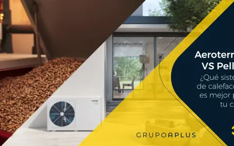 Comparativa entre aerotermia y pellets para tu hogar. Una unidad exterior de aerotermia junto a un depósito de pellets.