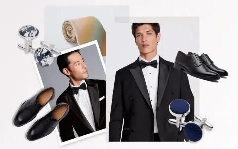 Black tie meaning: a formal ensemble featuring tuxedos, bow ties, dress shoes, and elegant cufflinks.