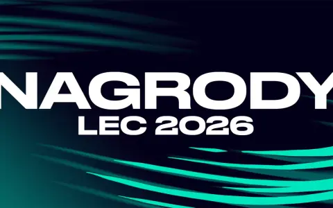 Napis "NAGRODY LEC 2026" na ciemnym tle z zielonymi pasami.