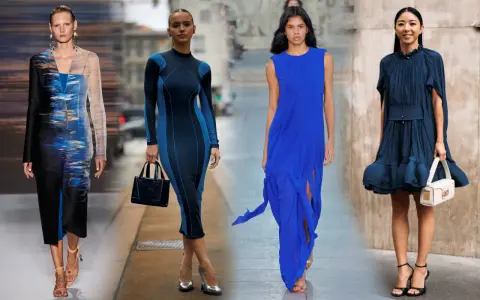 Four models in blue dresses on a runway and street.