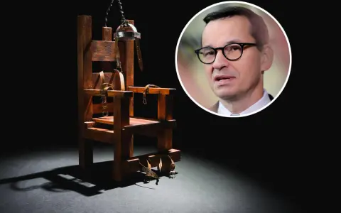 Krzesło elektryczne, symbol kary śmierci, obok portretu polityka.