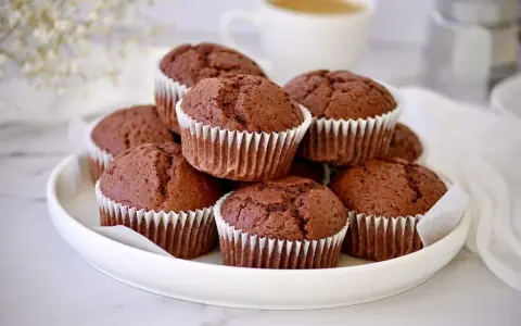 Ein Stapel saftiger Schoko-Muffins, die wie **red velvet muffins** aussehen, auf einem weißen Teller. Im Hintergrund eine Kaffeetasse.