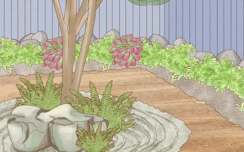 Un sereno jardín zen japonés con rocas, helechos y suculentas. El camino de madera serpentea entre la vegetación, invitando a la contemplación.