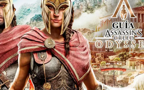 Guía para conseguir el platino en Assassin's Creed Odyssey. Dos guerreros espartanos con armadura dorada y capa roja posan ante ruinas griegas.