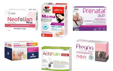 Suplementy diety z kwasem foliowym dla kobiet w ciąży: Neofolian, Doppel Herz Mama Premium, Prenatal Duo, MAMADHA PREMIUM+, ActiFolin, Pregna Plus.