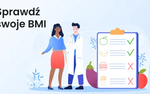 Lekarz mierzy talię pacjentki, obok lista z produktami i zaznaczone zdrowe wybory. Sprawdź swoje BMI i jego granice.