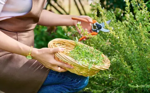 Frau schneidet Thymian mit einer Gartenschere und sammelt ihn in einem Korb.