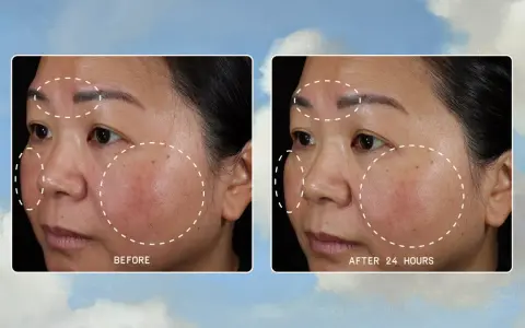 Before and after images show a woman's face with areas of damaged skin barrier highlighted. After 24 hours, the skin appears calmer and less irritated.