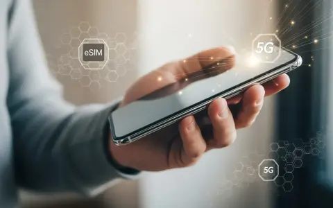 Hand holding a smartphone with "eSIM" and "5G" icons and network graphics.