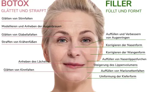 Gesicht einer Frau mit markierten Bereichen für Botox und Filler zur Behandlung von falten im gesicht, Stirnfalten, Krähenfüßen und Marionettenfalten.