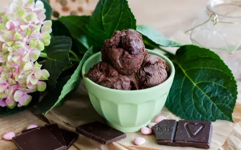 Ein grüner Napf mit zartbitter schokoladeneis, umgeben von Schokoladentafeln, rosa Bonbons und einer Hortensienblüte.