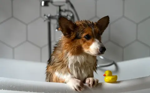 Mokry corgi w wannie z gumową kaczką. Jak wykąpać psa? To proste, gdy masz pomocnika!