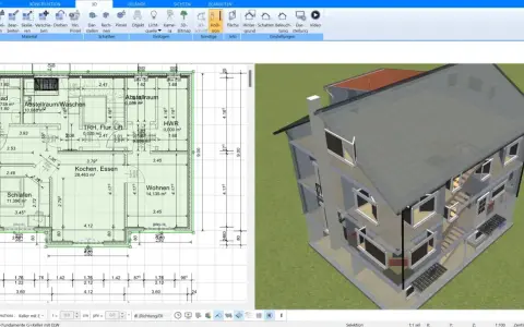 Grundriss und 3D-Ansicht eines Hauses, das man ohne Architekten bauen kann.