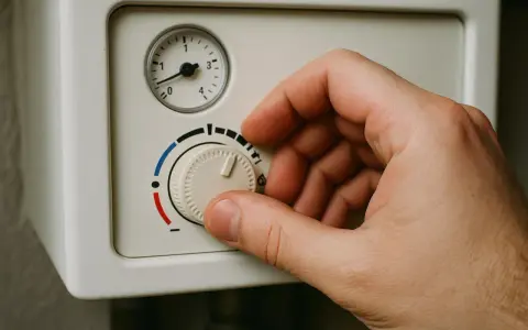 Dłoń reguluje pokrętło pieca gazowego, ustawiając optymalną temperaturę.