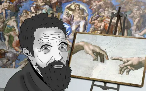 A stylized Michelangelo drawing gazes at his iconic fresco, "The Creation of Adam," a testament to his artistic genius.