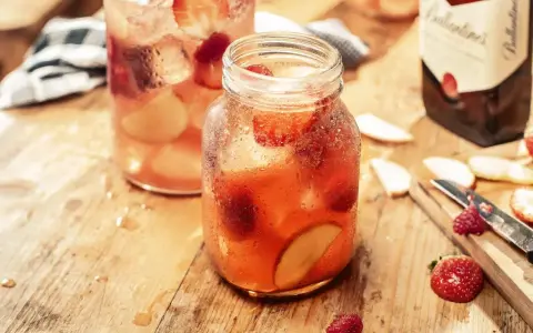 Orzeźwiający, kobiecy drink z whisky, pełen truskawek i jabłek, na drewnianym blacie.