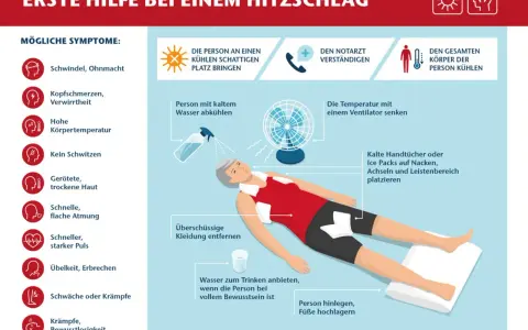 Erste Hilfe bei Hitzschlag: Symptome wie Schwindel, Kopfschmerzen, hohe Temperatur, trockene Haut, schnelle Atmung, Übelkeit und Krämpfe erkennen. Kühlen, Arzt rufen.
