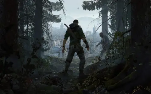 Gracz w Dying Light przygotowuje się do walki z zombie, miasto w tle. Czas gry toczy się dalej.