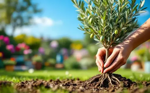 Mains plantant un jeune olivier, ses racines exposées, dans une terre fertile. Quelle terre pour un olivier ? Celle qui promet une belle récolte.