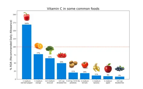 Stapeldiagram visar mängden C-vitamin i olika frukter och grönsaker. Paprika ger mest C-vitamin, följt av apelsiner.