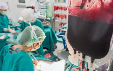 Worek z ciemną krwią czeka na podanie. W tle zespół medyczny w zielonych fartuchach, symbol nadziei, kiedy wiadomo, że przeszczep szpiku się przyjął.