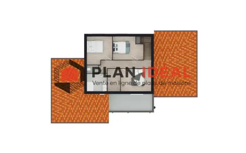 Vue aérienne d'un plan de maison 5 chambres, avec toiture en tuiles oranges et logo "PLAN IDEAL".