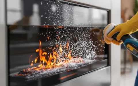 Mano con guante amarillo limpiando el cristal de la chimenea con un cepillo eléctrico. Las llamas arden detrás del cristal cubierto de burbujas.