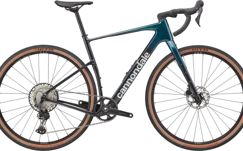 Gravelowy rower **Cannondale Topstone Carbon 3** w kolorze morskim, z szerokimi oponami WTB i napędem Shimano GRX.