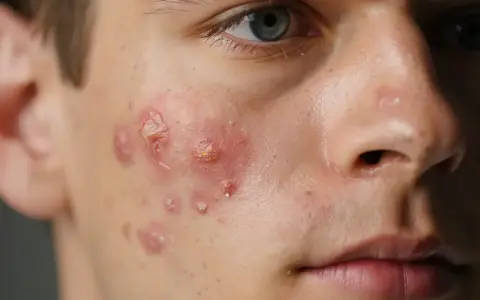 Gros plan sur le visage d'un jeune homme, montrant une irritation paupière et des lésions d'acné enflammées sur la joue.