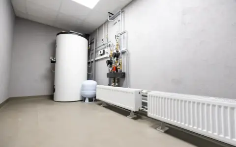 Kotłownia z bojlerem, pompami i grzejnikami. Widać tu instalację grzewczą, gdzie separator co zapewnia prawidłowy obieg wody.