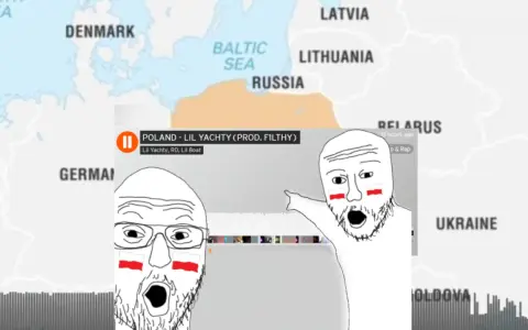 Dwaj Polacy z flagami na twarzach reagują na "Lil Yachty Poland". Mapa Europy w tle.
