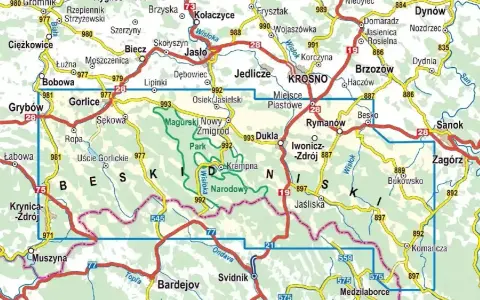 Mapa turystyczna z zaznaczonymi **beskid niski szczyty** i szlakami. Widoczne miejscowości: Gorlice, Krosno, Jasło, Dukla, Sanok.